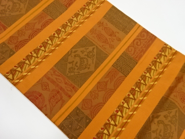 JAPANESE KIMONO / VINTAGE NAGOYA OBI / WOVEN ABSTRACT BIRDS & STRIPE